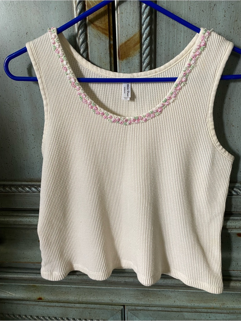 White House Sleeveless Cream Ribbed Tank with Pink Embroidered Trim